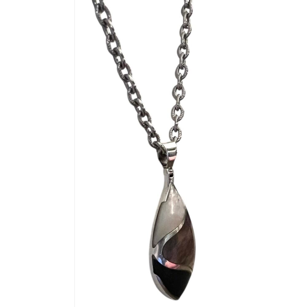 Sterling Silver 925 Necklace Onyx Mother Of Pearl Abalone Inlay Pendant Teardrop - Picture 5 of 11